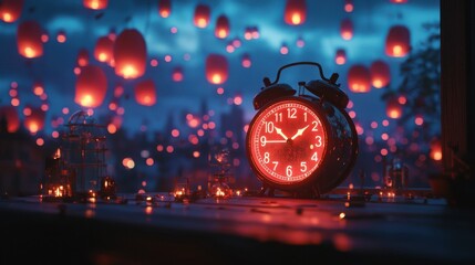 A classic alarm clock glows red against a backdrop of numerous floating lanterns illuminating the night. A magical and serene atmosphere is captured in this image.