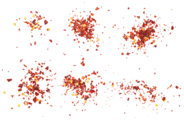 Set spicy chili red pepper flakes, chopped, milled dry paprika pile scattered isolated on white, top view