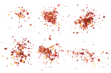 Fotobehang Chili Pepers Set spicy chili red pepper flakes, chopped, milled dry paprika pile scattered isolated on white, top view  © dule964