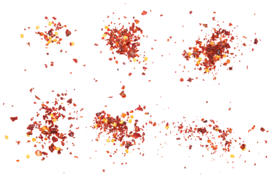 Set spicy chili red pepper flakes, chopped, milled dry paprika pile scattered isolated on white, top view