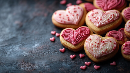 Obraz premium Flat lay of heart-shaped cookies decorated with pink and red icing, clean composition. Bright lighting, contrast with copy space for text
