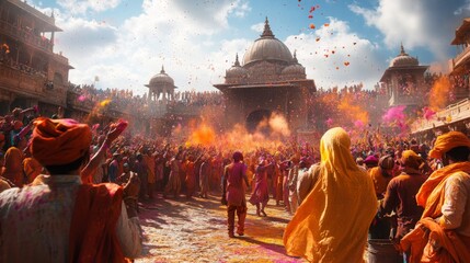 A colorful Holi celebration at an international event, where people from various cultures are throwing vibrant, eco-friendly powders in the air, celebrating together in a large open space.