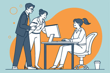 office workers, computer desk, teamwork, flat illustration, minimalist design, blue background, orange accent, business attire, profile view, swivel chairs, coffee mug, computer screen, digital worksp