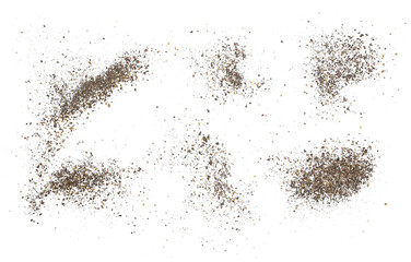 Set minced black pepper, ground peppercorn pile flying isolated on white, clipping path
