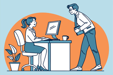 office workers, computer desk, teamwork, flat illustration, minimalist design, blue background, orange accent, business attire, profile view, swivel chairs, coffee mug, computer screen, digital worksp