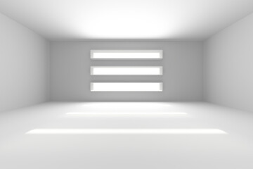 Minimalist white room with symmetrical light panels for interior design and modern architecture. 3d render