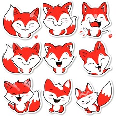 Fototapeta premium Nine cute red fox cartoon stickers on white