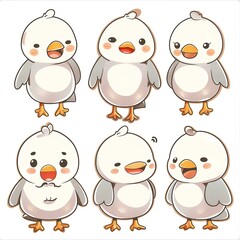 Fototapeta premium Six cute cartoon bird chicks posing; white background; children's book illustration