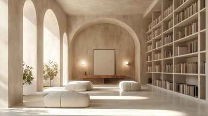 nice designed luxury library room with beige tones with empty microcement background for art, creating a mockup room