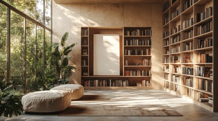 nice designed luxury library room with beige tones with empty microcement background for art, creating a mockup room