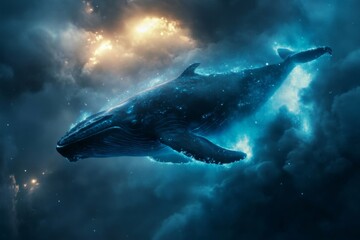 Fototapeta premium A blue whale surrounded by bioluminescent plankton, creating a magical glow in the dark waters