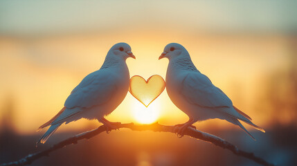 Obraz premium Silhouette of two doves holding a ribbon with a heart in the center, pastel sky background. Bright lighting, contrast with copy space for text