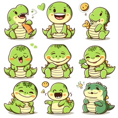 Obraz premium Cute cartoon dinosaurs eating snacks; white background; stickers; children's book illustration