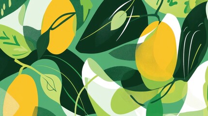 Stylized mango illustrations with overlapping shapes in green, artistic and fresh High quality illustration