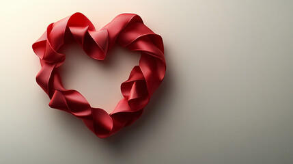 Simple red ribbon forming a heart shape, isolated on a soft white background. Bright lighting, contrast with copy space for text