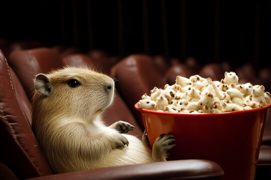 Capybara dans une salle de cinéma avec des souris en guise de pop corn