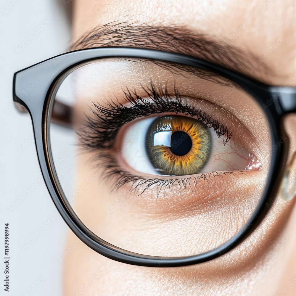 Poster close up view of a human eye with glasses highlighting intricate details and vibrant colors. generat