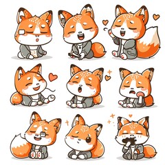 Cute fox emojis, various poses, white background, digital art, social media use