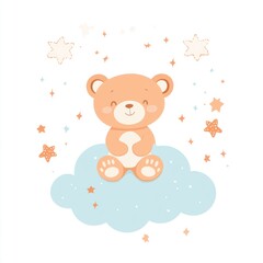 Naklejka premium Bear sitting on cloud with star graphics for baby product or kid room decor