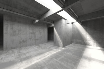 Modern concrete interior space with natural light and geometric architecture. 3d render