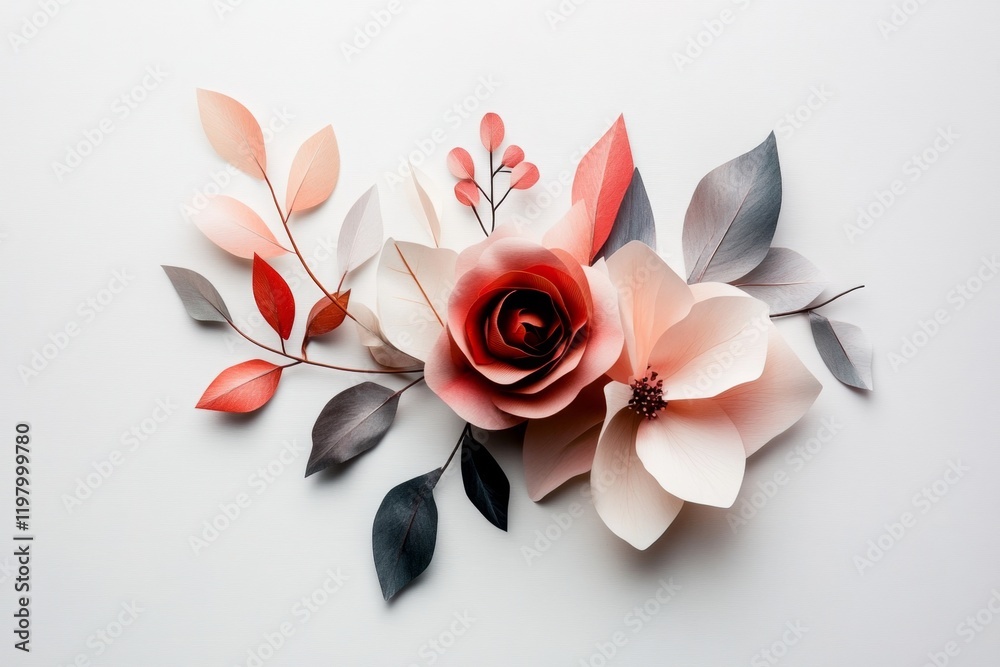 Poster a clean geometric design of a single rose, reduced to its essential shapes with muted red and green 
