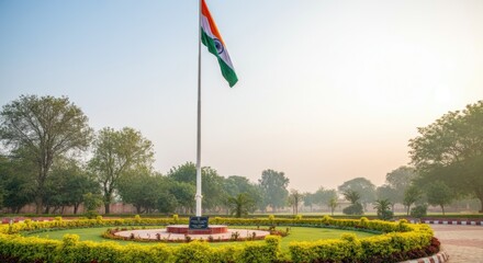 Indian flag on pole in lush green park with trees foggy morning