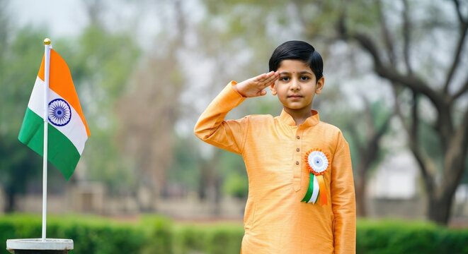 Young Indian boy saluting near flag outdoors in traditional attire