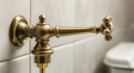 Brass faucet with vintage design mounted on tiled wall near sink