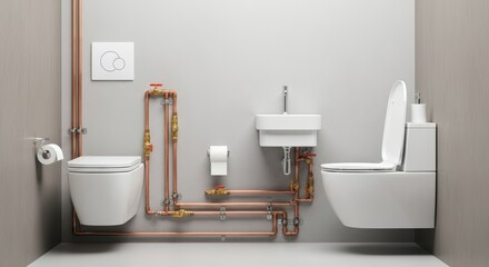 Modern bathroom with visible copper plumbing, white toilet and sink set against minimalistic grey walls