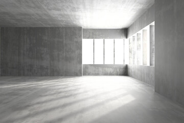 Modern minimalist concrete interior with sunlit windows. 3d render