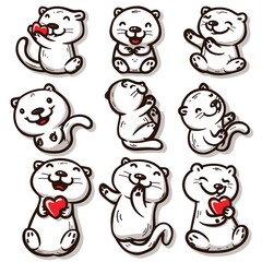 Obraz premium Nine Cute Otter Cartoon Illustrations, White Background, Valentine's Day, Digital Scrapbooking