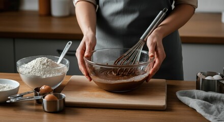 Person mixing chocolate batter with whisk on wooden table