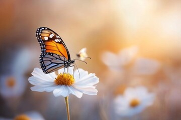 Obraz premium A close-up of a monarch butterfly perched on a colorful wildflower, with a soft-focus meadow in the background