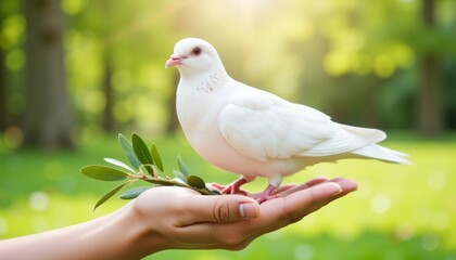 Obraz premium White dove holding olive branch in hand against green background
