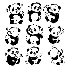 Naklejka premium Nine playful panda illustrations; white background; design elements; children's book