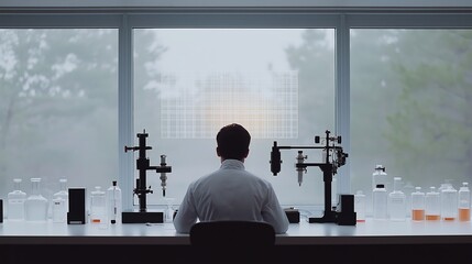 Researcher analyzing scientific data in a bright laboratory overlooking nature. Innovation and sustainability in science trends.