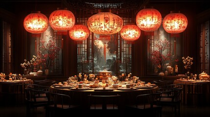Elegant Chinese dining room with round table, lanterns, and window view.
