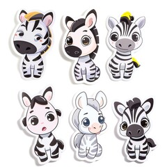Obraz premium Six Cute Cartoon Zebras Posing on White Background for Kids' Designs