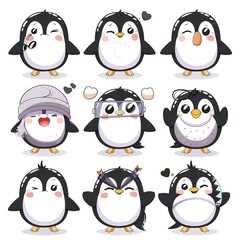 Nine Cute Penguin Emojis, White Background, Adorable Expressions, Children's Book Illustration
