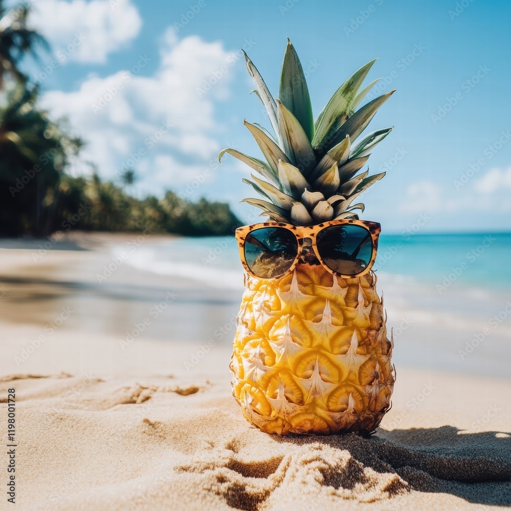 Poster cheerful pineapple wearing sunglasses enjoys a sunny day on the beach with clear blue skies and gent