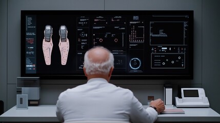 Scientist analyzing advanced prosthetic designs on a high-tech digital interface. Futuristic healthcare and innovation trends.