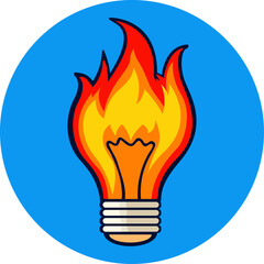 Vector illustration of burning light bulb on round blue background. Fire flames. Concept of inspiration and ideas