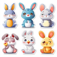 Fototapeta premium Adorable cartoon bunnies, digital stickers, white background, springtime design, children's crafts