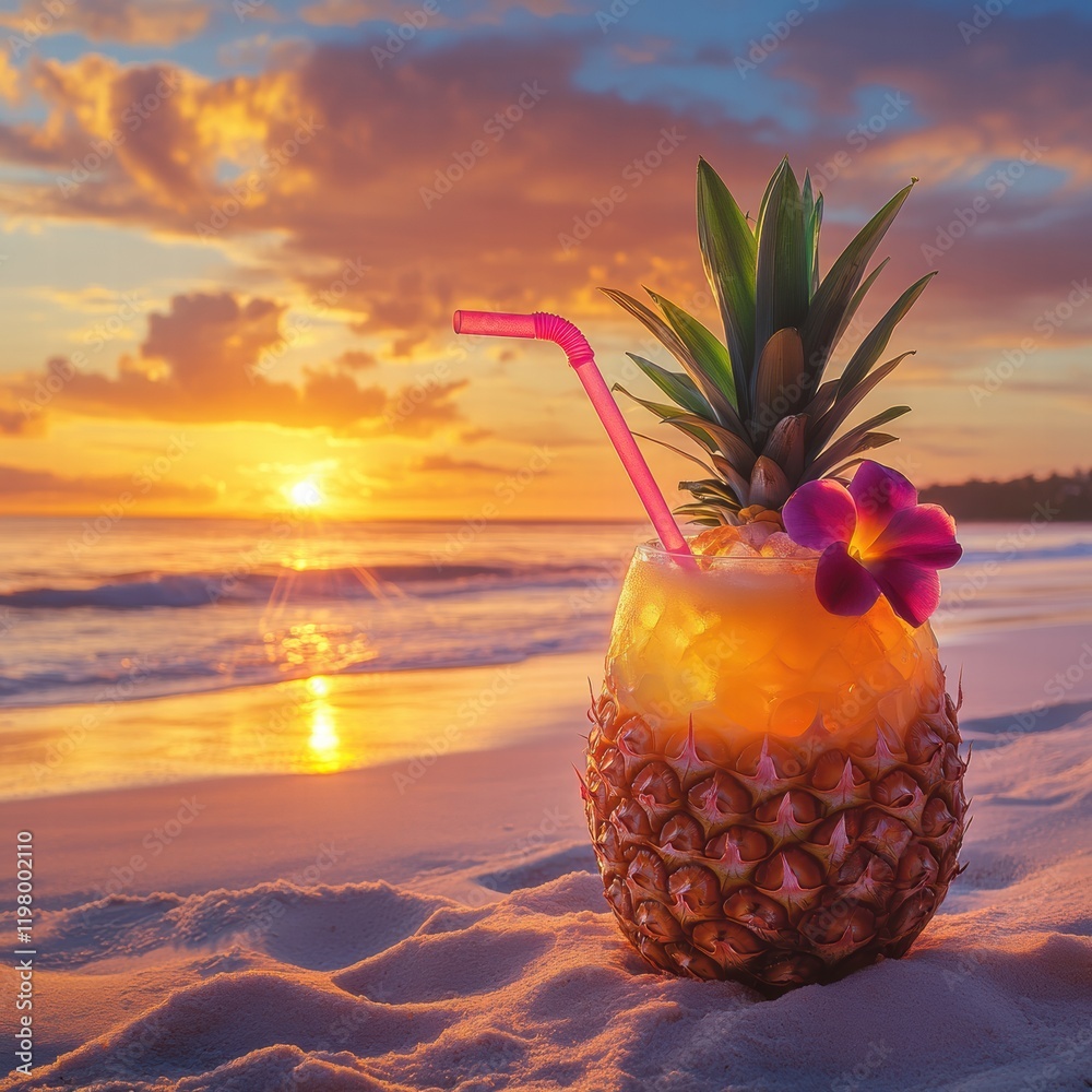 Poster refreshing pineapple drink with a colorful straw at sunset on a serene beach. generative ai