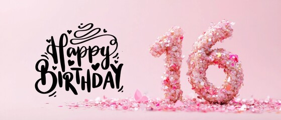 Naklejka premium Sparkling Pink Sixteen: Happy 16th Birthday Glitter Celebration