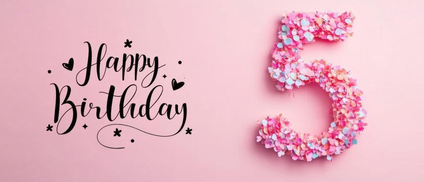 Happy 5th Birthday Celebration: Pink Confetti Number Five with Calligraphy