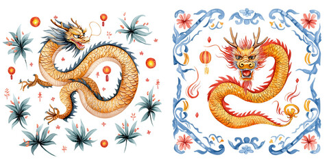 Fototapeta premium Golden Coiled Dragon in Watercolor Style