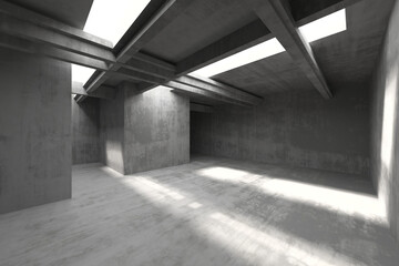 Industrial minimalist concrete interior with natural light and architectural shadows. 3d render.