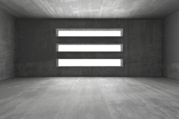 Minimalist industrial concrete room with bright horizontal strip lights. 3d render.