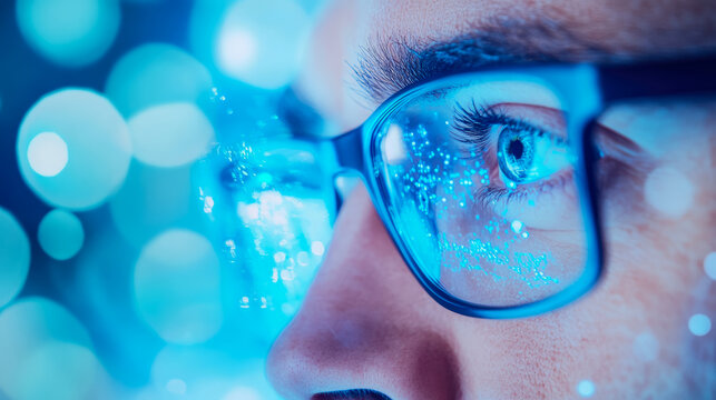 Close-up of a person's eye reflected with blue light, technology concept